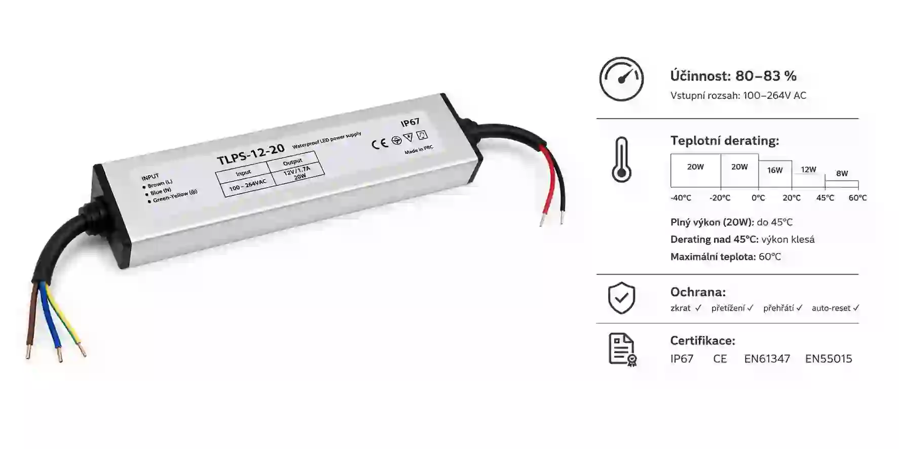 Teplotní derating a účinnost LED zdroje 12V 20W TLPS-12-20 s deratingem nad 45°C a  účinností 80 - 83 procent